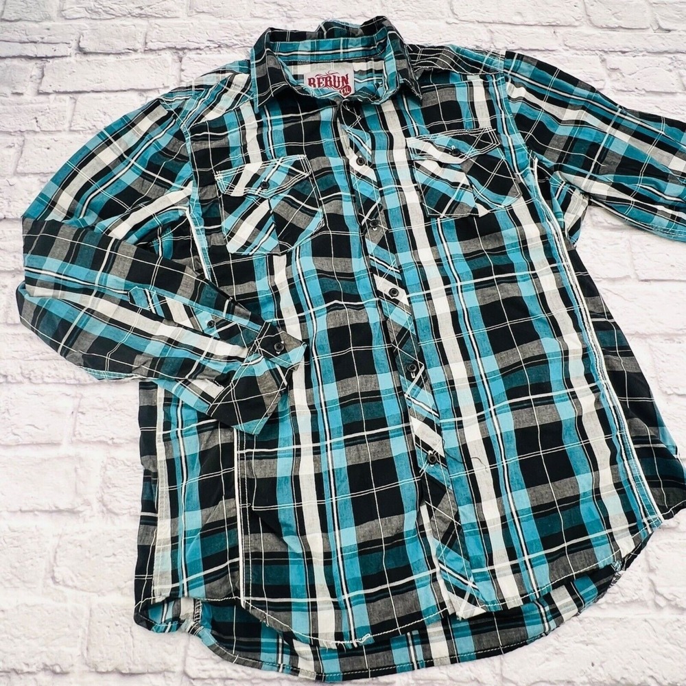 Rerun Mens XXL Plaid Button Down Shirt Teal Black White Contrast Stitch